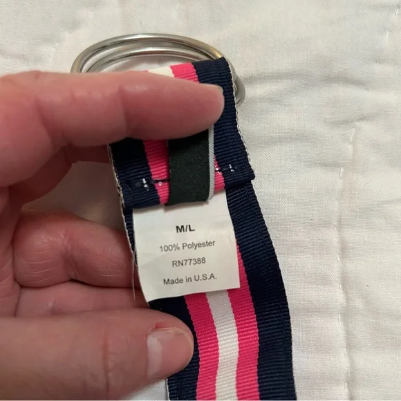 J Crew Ribbon Belt Womens M/L D-Ring Pink Navy Stripe Nautical Preppy Heritage - Picture 3 of 5